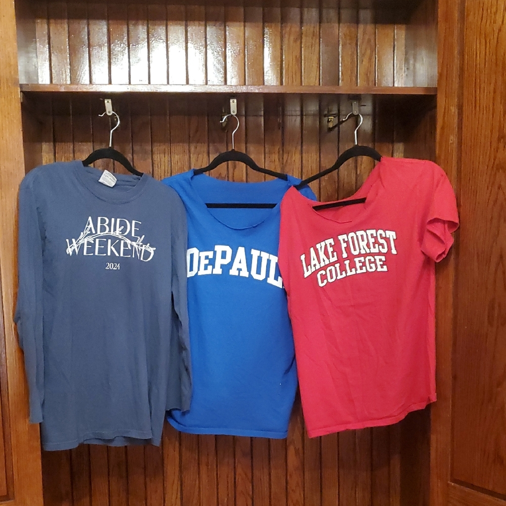 3 For $18 College T-Shirts - Blue From DePaul, Red From Lake Forest , Gray Abide
